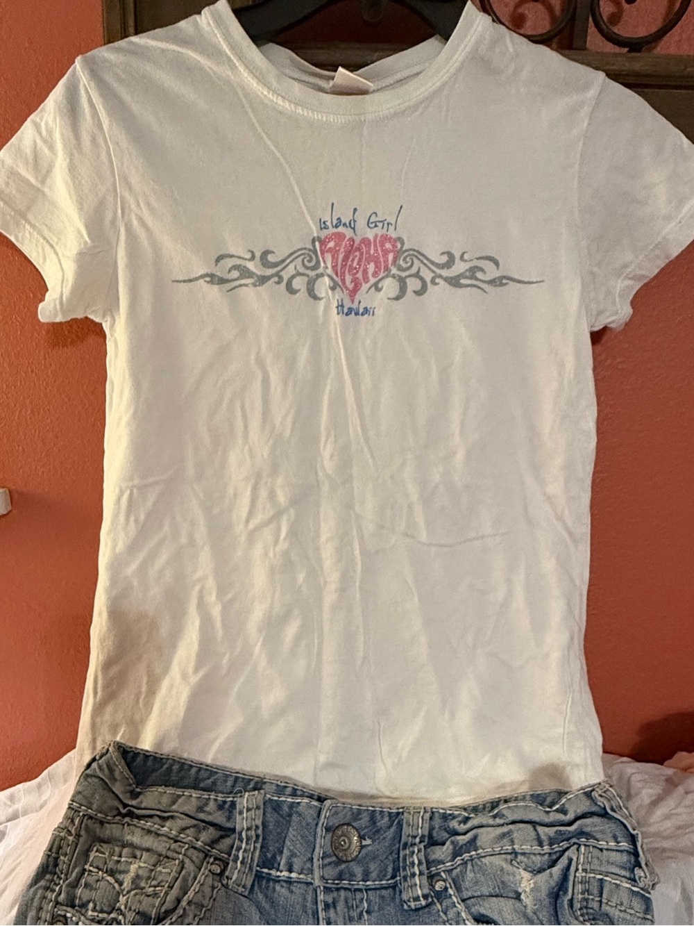 White 'Island Girl' Heart Graphic Tee with Hawaiian Plumeria earrings